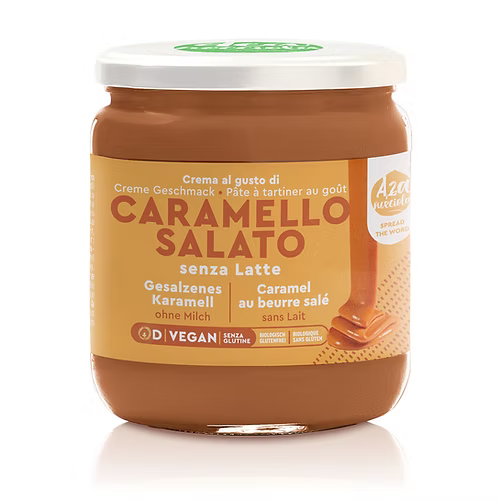 Crema vegana spalmabile al caramello salato, Cashewficio. Senza lattosio, senza glutine, senza olio di palma.