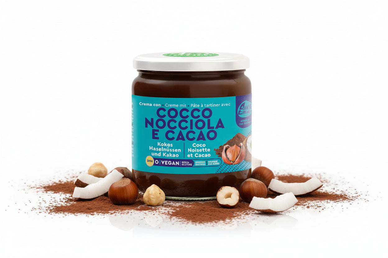 Crema vegana spalmabile al cocco, nocciola e cacao Cashewficio. Senza lattosio, senza glutine, senza olio di palma.