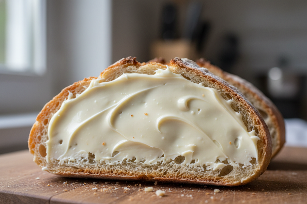 mi crei l'immagine realistica di una fetta di pane con una crema spalmbaile bianca spalmata sopra, come se fosse una fetta di pane e nutella bianca