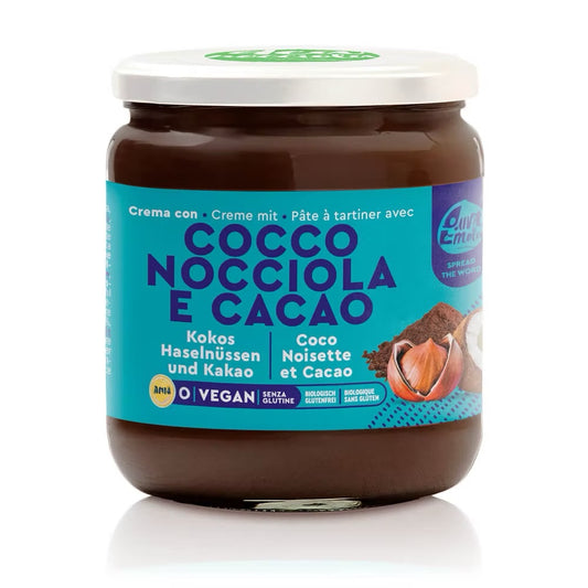 Crema vegana spalmabile al cocco, nocciola e cacao Cashewficio. Senza lattosio, senza glutine, senza olio di palma.